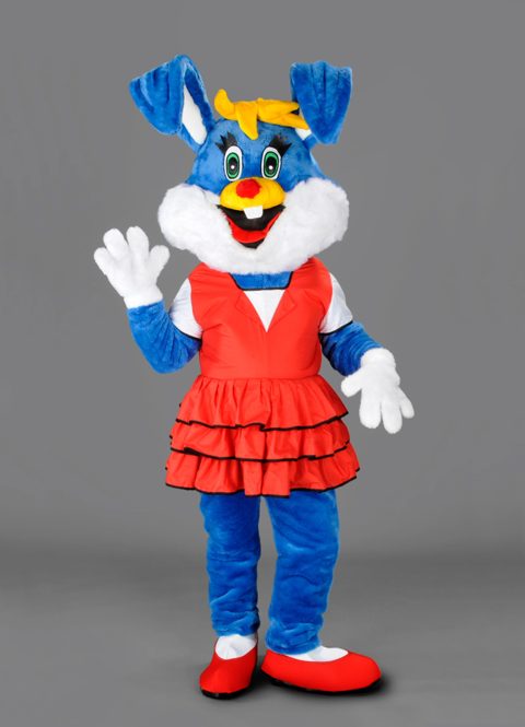Blue rabbit in red dress